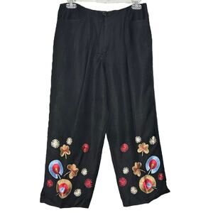Vintage Larry Levine Petites Black Linen Embroidered Pants Size 8P